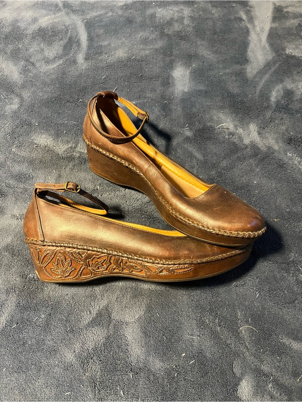 Women's Brown Leather Ankle-Strap Wedge Pumps